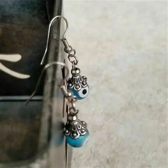 Handmade Evil Eye Turquoise Lampwork Glass Protective Talisman Drop Earrings - Picture 5 of 5